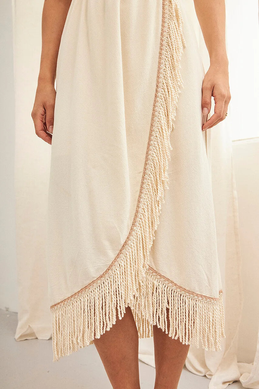 VESTIDO MIDI CRUZADO FLECOS